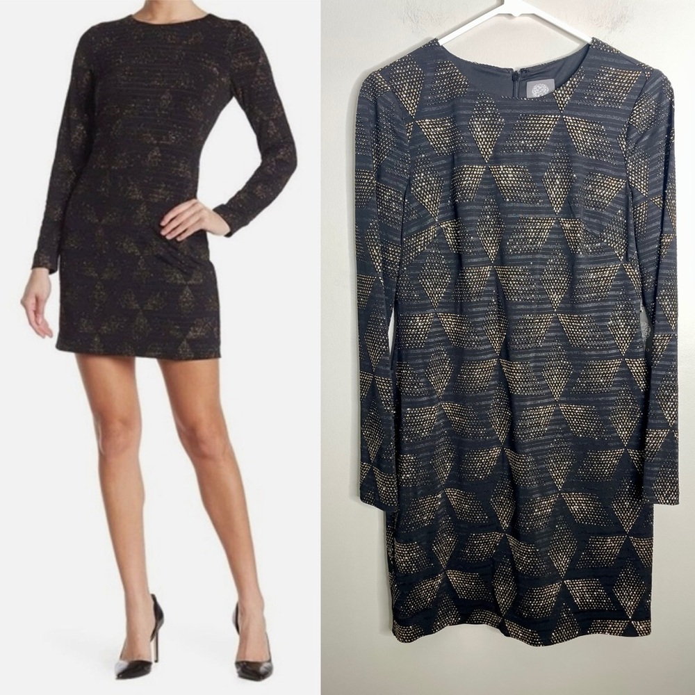 NWT Vince Camuto Simmer Sequin Black and Gold Cocktail Dress, size 6